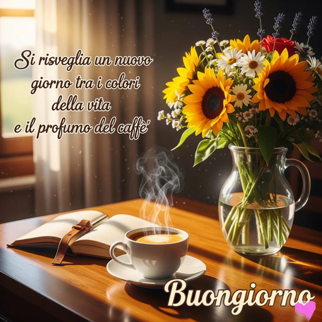 Una tazza di caffè fumante su un tavolo di legno accanto a un quaderno aperto. Un vaso con girasoli e margherite è lì vicino, con la scritta in italiano "Buongiorno".