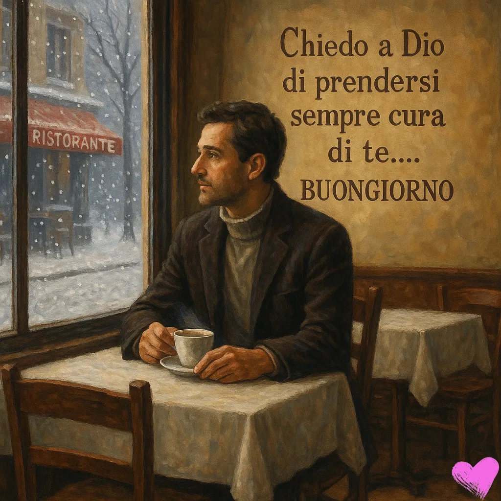 Un uomo con i capelli scuri e la barba, in uno stile che ricorda un dipinto a olio, è seduto al tavolo di un bar, guardando fuori dalla finestra verso una strada innevata. Tiene in mano una tazza di caffè. La scritta "Chiedo a Dio di prendersi sempre cura di te.... BUONGIORNO" è scritta in bianco su uno sfondo testurizzato.