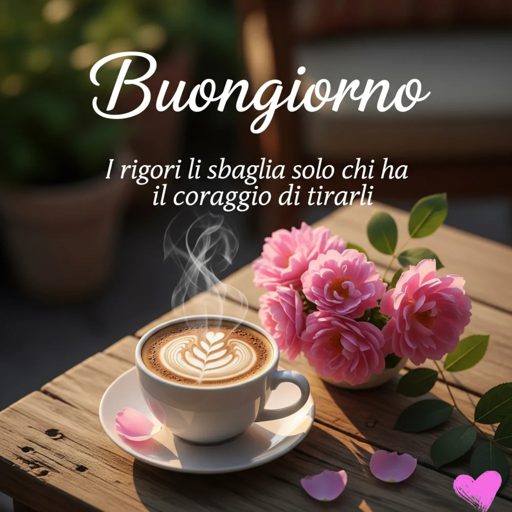 Un caffellatte fumante con schiuma a forma di cuore in una tazza bianca su un tavolo di legno, accanto a un vaso di rose rosa con petali sparsi. Sono esposti i testi "Buongiorno" e "I rigori li sbaglia solo chi ha il coraggio di tirarli", con un simbolo a forma di cuore rosa nell'angolo.