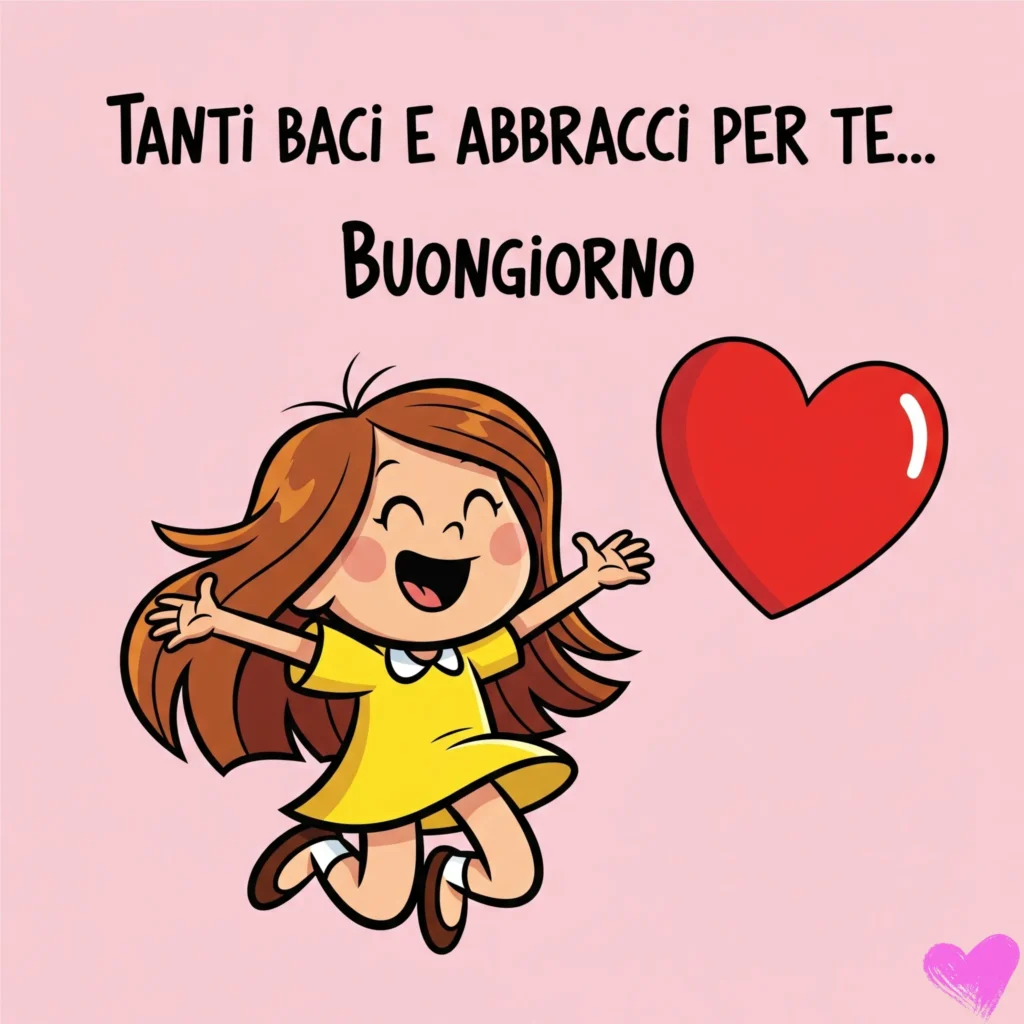 Una gioiosa bambina dei cartoni animati con un vestito giallo e lunghi capelli castani salta felicemente, con un grande cuore rosso accanto a lei su uno sfondo rosa. Testo "TANTI BACI E ABBRACCI PER TE... Buongiorno" con un piccolo cuore rosa in basso a destra.