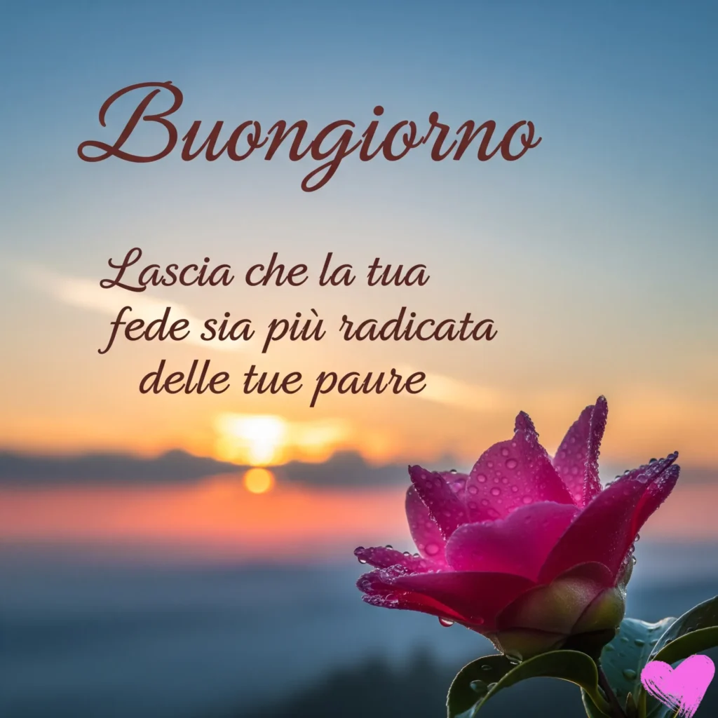 Una vivace rosa rosa con gocce d'acqua contro un morbido cielo all'alba con sfumature di arancione e blu. Testo "Buongiorno Lascia che la tua fede sia più radicata delle tue paure" con cuore rosa in basso a destra.