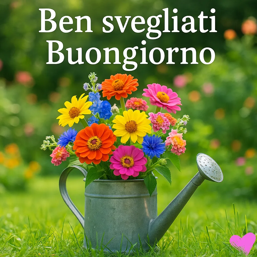 Un annaffiatoio di metallo è pieno di un colorato mazzo di fiori, tra cui fiori arancioni, gialli, rosa e blu, ed è adagiato in un rigoglioso giardino verde. La frase italiana "Ben svegliati, Buongiorno" è scritta in grassetto in alto.