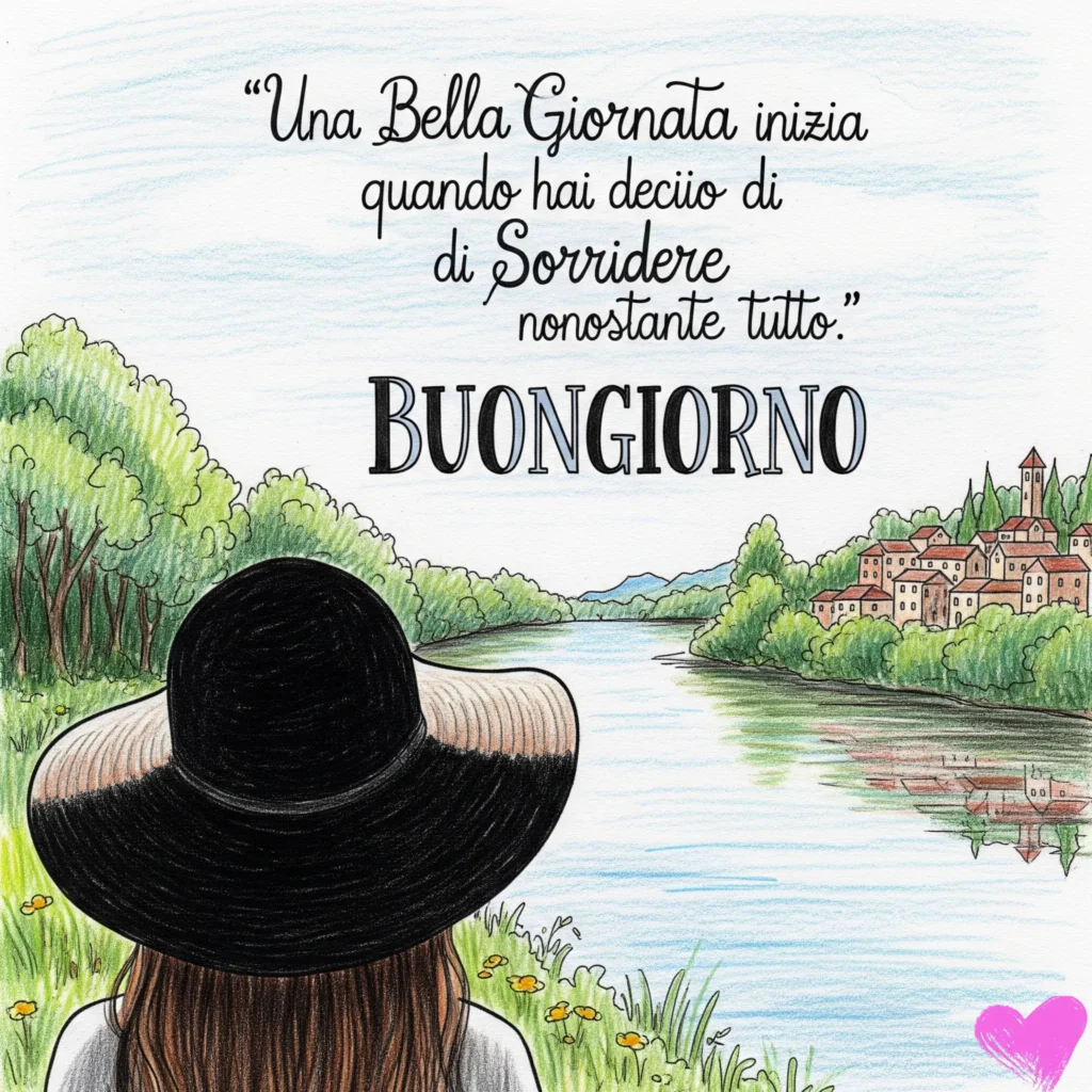 Una persona con i capelli lunghi che indossa un cappello nero a tesa larga si trova in un paesaggio verde lussureggiante vicino a un fiume, di fronte a un pittoresco villaggio con riflessi nell'acqua. Viene visualizzato il testo "‘Una Bella Giornata inizia quando hai deciso di Sorridere nonostante tutto.’ BUONGIORNO", con il simbolo di un cuore rosa in basso a destra .