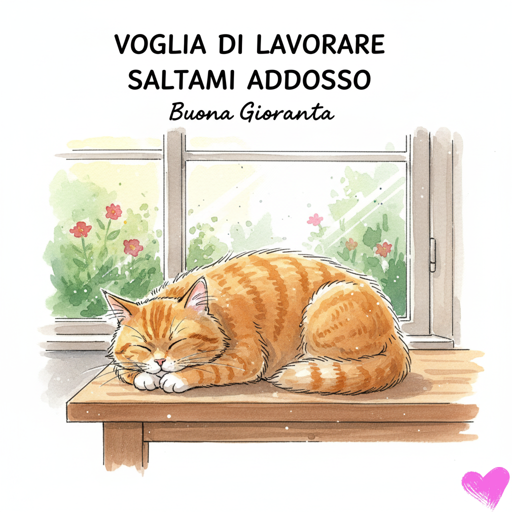 Un'affascinante illustrazione disegnata a mano in stile acquerello di un gatto soriano arancione a strisce che dorme pacificamente su un tavolo di legno davanti a una finestra. Sopra il gatto è scritto il testo "VOGLIA DI LAVORARE SALTAMI ADDOSSO Buona Giornata".