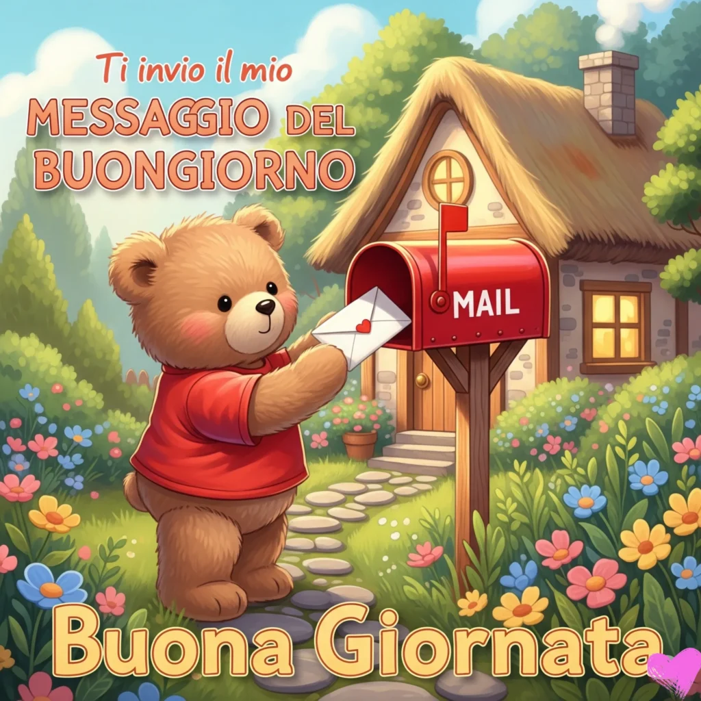 Un tenero orsacchiotto con una maglietta rossa deposita una lettera con un cuore in una cassetta della posta rossa fuori da un accogliente cottage con il tetto di paglia, circondato da fiori colorati e vegetazione. Scrivi "Ti invio il mio MESSAGGIO DEL BUONGIORNO Buona Giornata" con un cuore rosa in basso a destra.