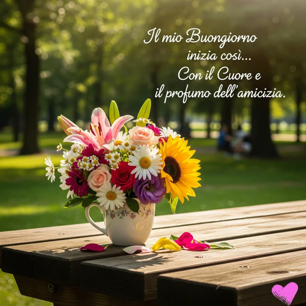 Un colorato mazzo di fiori, tra cui girasoli, gigli e margherite, si trova in una tazza da tè su un tavolo da picnic in legno in un parco soleggiato. Il testo "Il mio Buongiorno inizia così... Con il Cuore e il profumo dell'amicizia." è scritto in caratteri bianchi in alto.