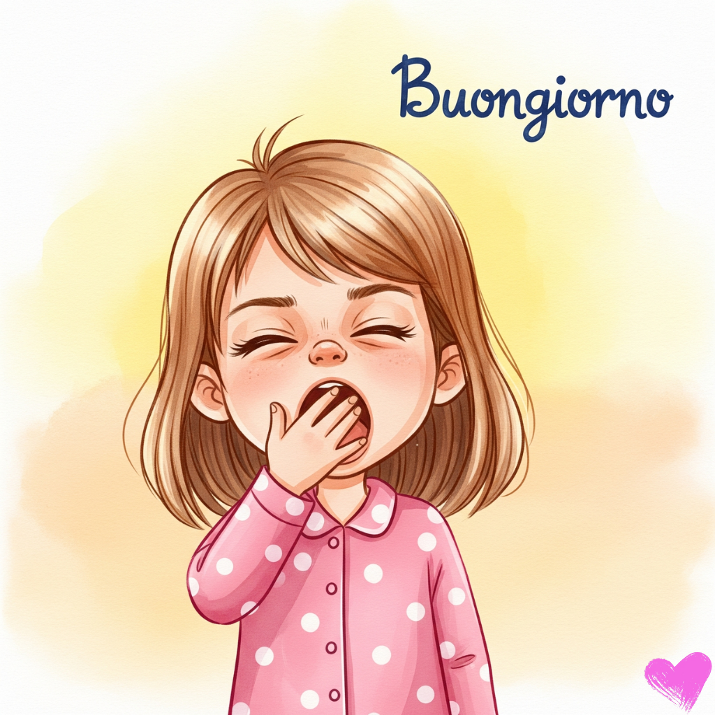 Un fumetto in stile acquerello raffigurante una bambina con i capelli castano chiaro che sbadiglia, con una mano sulla bocca. Indossa un pigiama rosa e in alto è scritta la parola "Buongiorno".