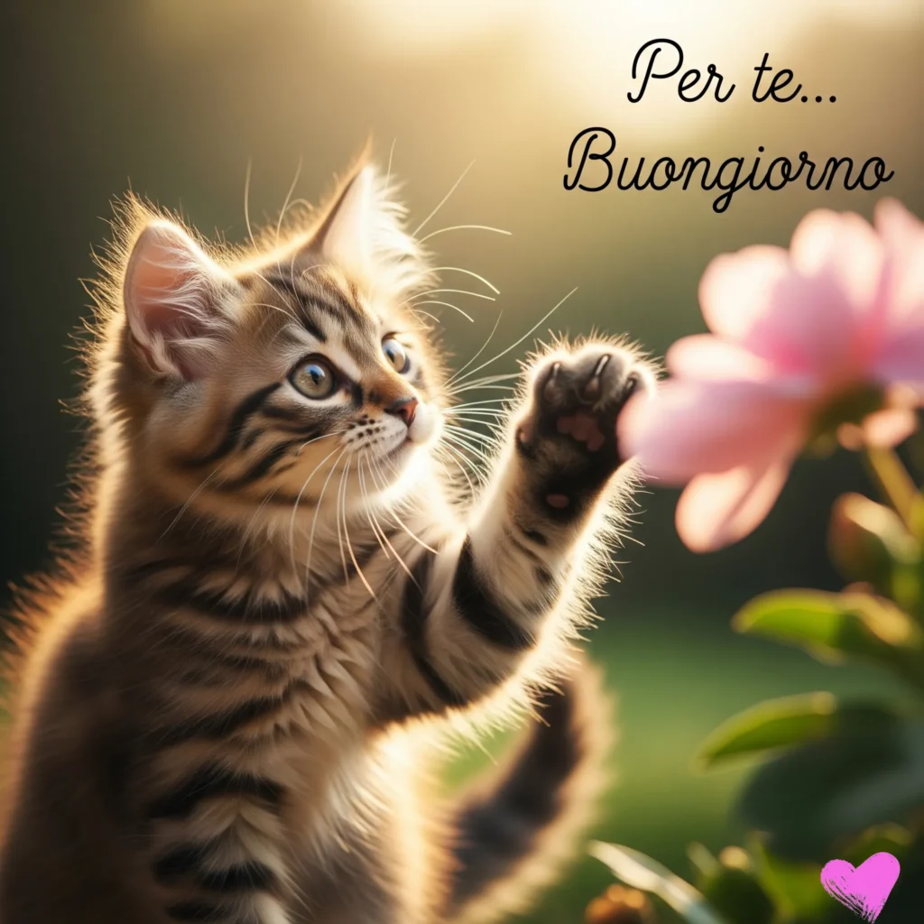 Un soffice gattino tigrato allunga la zampa per toccare un fiore rosa in un giardino soleggiato. Il testo "Per te... Buongiorno" è scritto in corsivo sul lato destro dell'immagine.
