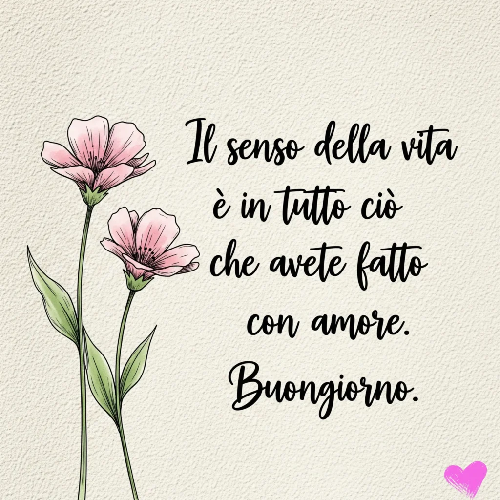 Due delicati fiori rosa con steli verdi su sfondo beige. Testo "Il senso della vita è in tutto ciò che avete fatto con amore. Buongiorno." con un cuore rosa nell'angolo.
