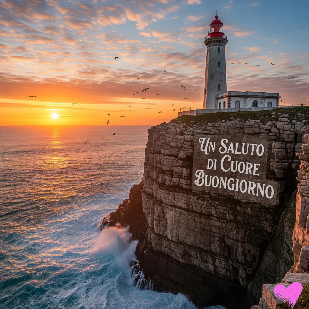 Una vista grandangolare di Firenze, Italia, al tramonto, che mostra il fiume Arno e gli edifici storici. Le parole "Buongiorno da Firenze!" sono scritte in un grande ed elegante carattere bianco in primo piano.
