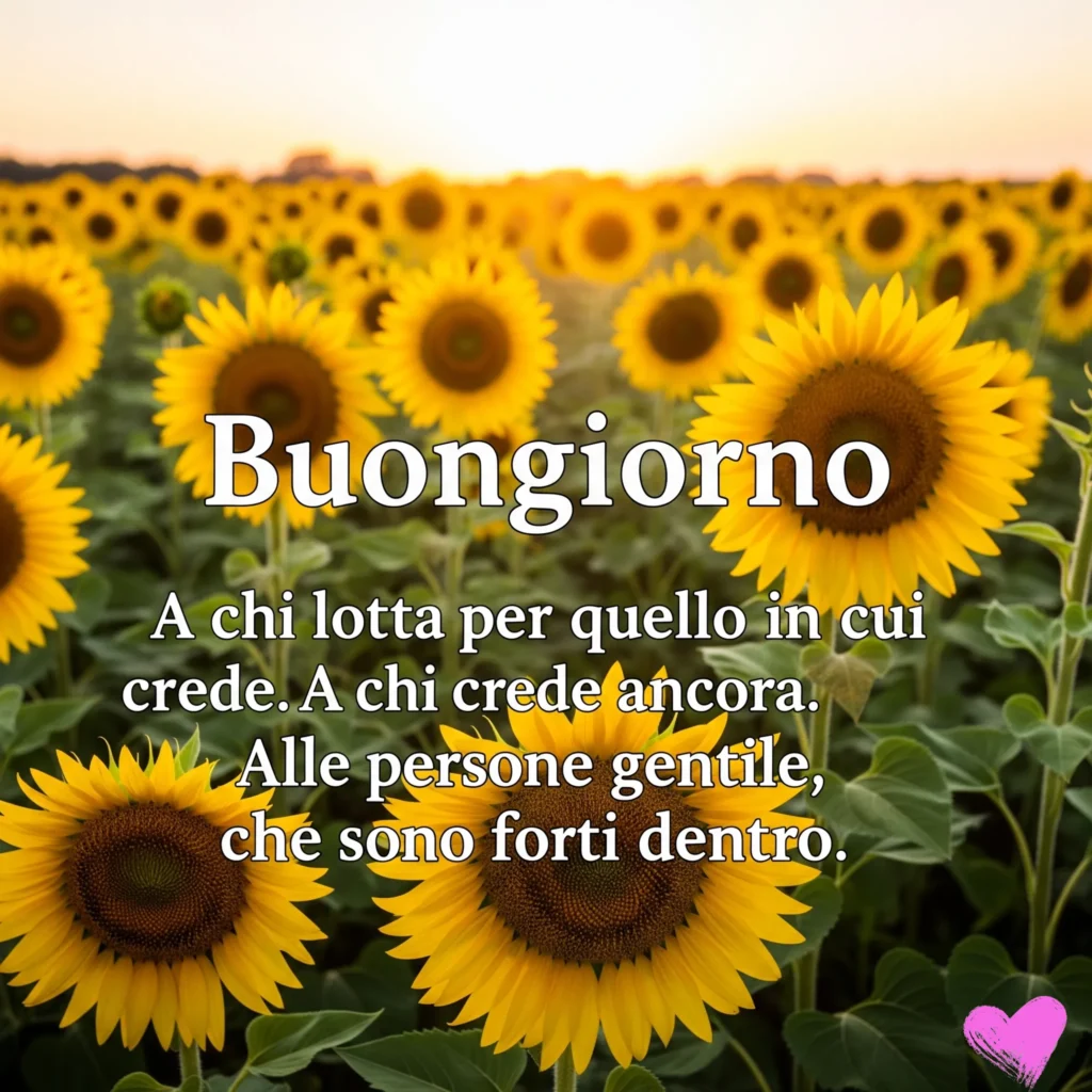 Una vista ravvicinata di un vasto campo di girasoli gialli luminosi al tramonto. Il testo "Buongiorno" e "A chi lotta per quello in cui crede. A chi crede ancora. Alle persone gentili, che sono forti dentro." è scritto in bianco sull'immagine.