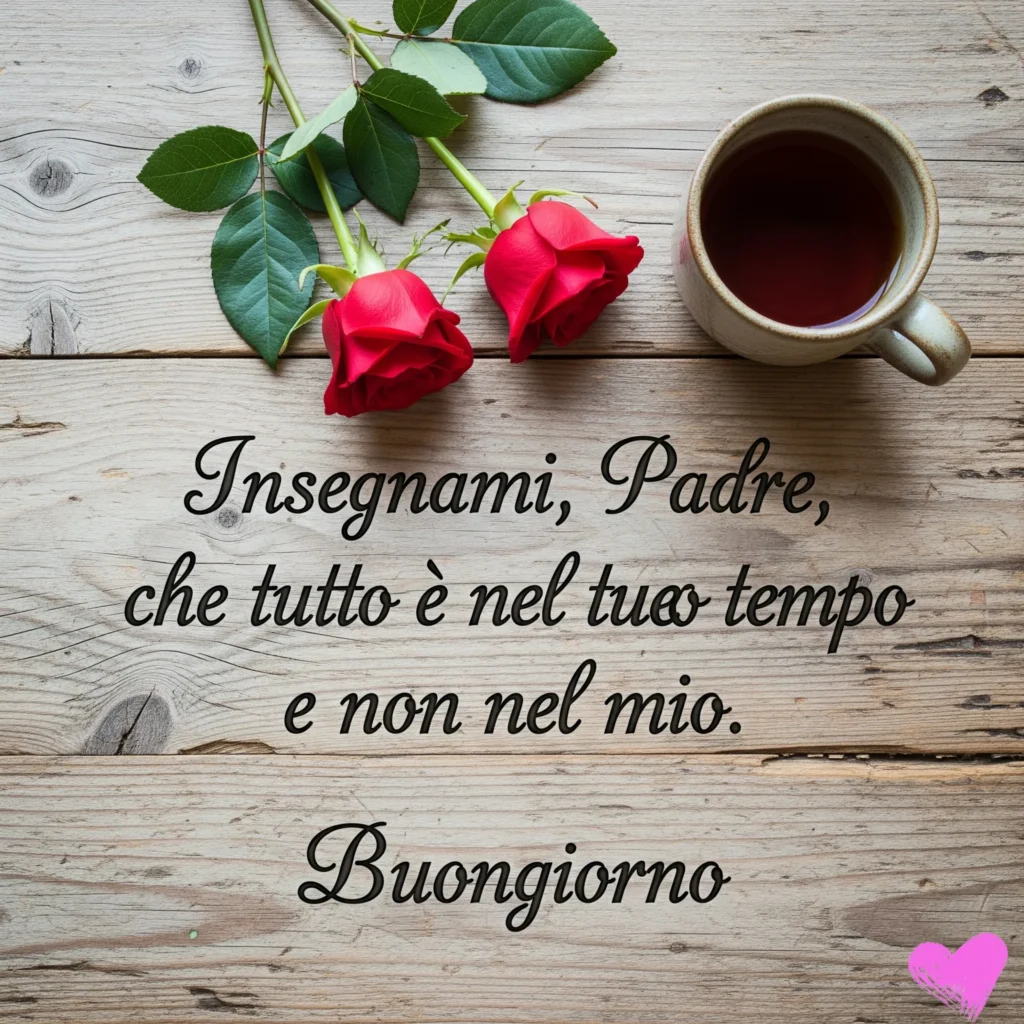 Due rose rosse con foglie verdi e una tazza di tè su un tavolo di legno. Testo "Insegnami, Padre, che tutto è nel tuo tempo e non nel mio. Buongiorno" con un cuore rosa in basso a destra.
