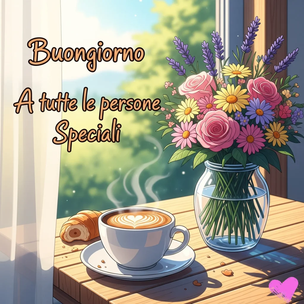 Un tavolo accogliente con un caffellatte fumante con la schiuma a forma di cuore, un croissant mangiato a metà e un vaso di vetro con fiori colorati, tra cui rose e margherite, il tutto sistemato vicino a una finestra con vista sul verde. La scritta "Buongiorno a tutte le persone speciali" è esposta, con un cuore rosa in basso a destra.