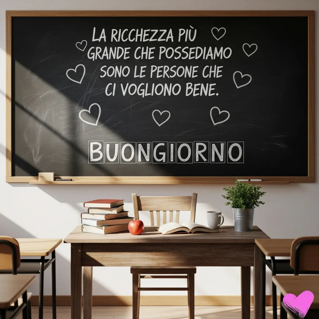 Una scena in classe con una scrivania e una sedia in legno davanti a una lavagna. Sulla lavagna c'è un messaggio scritto in gesso che dice: "LA RICCHEZZA PIÙ GRANDE CHE POSSEDIAMO SONO LE PERSONE CHE CI VOGLIONO BENE. BUONGIORNO".