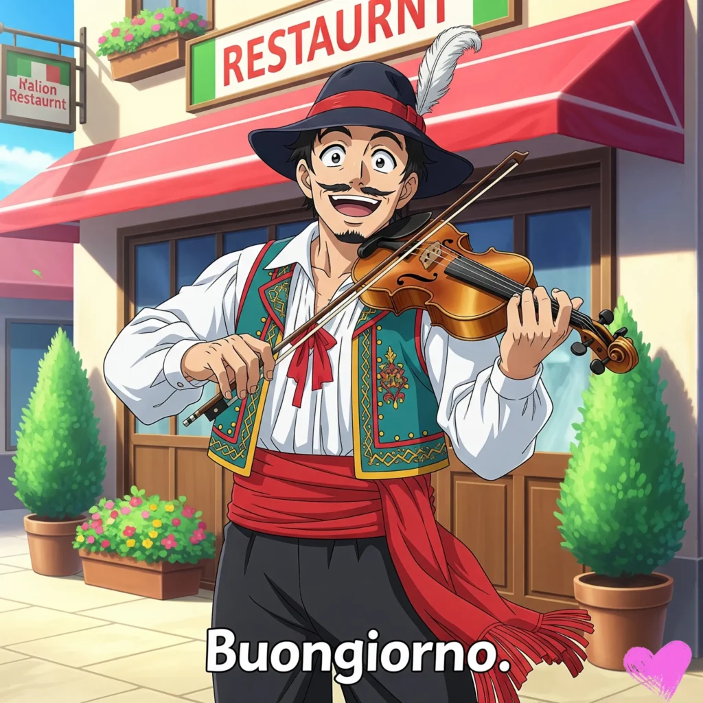 Un uomo animato in un colorato abito tradizionale con un cappello piumato suona il violino fuori da un ristorante italiano con una tenda rossa e fioriere. Il testo "Buongiorno" è accompagnato da un cuore rosa in basso a destra.