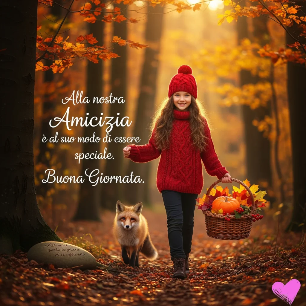 Una ragazzina sorridente con un maglione rosso e un cappello cammina attraverso un bosco autunnale con un foxtrot al suo fianco. Porta un cesto pieno di zucche e foglie autunnali.
