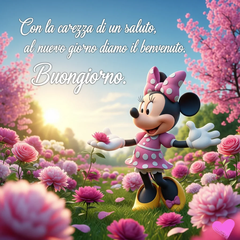 Un'illustrazione digitale mostra Minnie Mouse in un campo di fiori rosa e fucsia, con alberi di ciliegio sullo sfondo. Il testo "Con la carezza di un saluto, al nuovo giorno diamo il benvenuto. Buongiorno." è scritto in caratteri bianchi in alto.