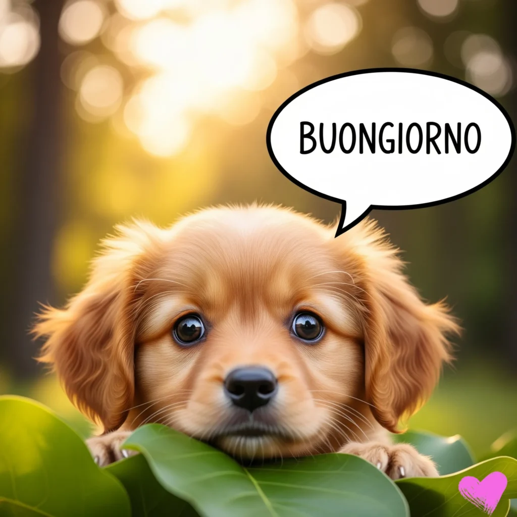Un primo piano di un adorabile cucciolo di golden retriever con grandi occhi scuri che spuntano da una rigogliosa foglia verde. Un fumetto sopra la testa del cucciolo recita "BUONGIORNO".