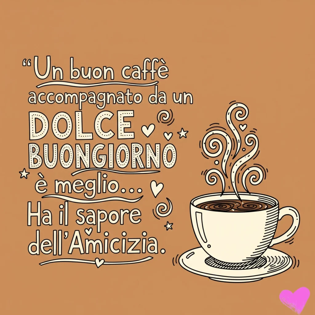 Uno sfondo marrone con un'illustrazione disegnata a mano di una tazza di caffè fumante. A sinistra, il testo "Un buon caffè accompagnato da un DOLCE BUONGIORNO è meglio... Ha il sapore dell'Amicizia." è scritto in un carattere stilizzato.