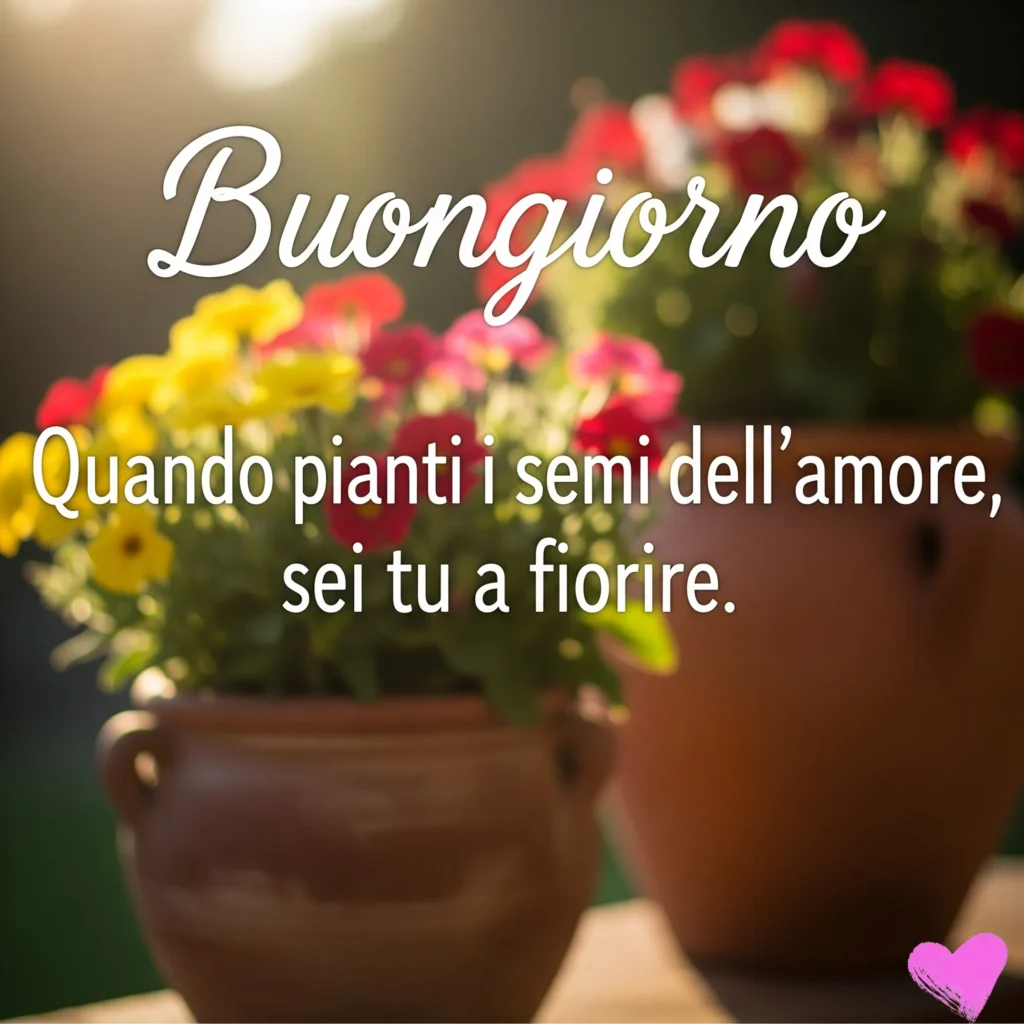 Una foto a bassa profondità di campo mostra due vasi di terracotta pieni di primule dai colori vivaci, rosse e gialle, con il sole che tramonta dietro di essi. Le parole "Buongiorno" e "Quando pianti i semi dell'amore, sei tu a fiorire" sono scritte in corsivo bianco.