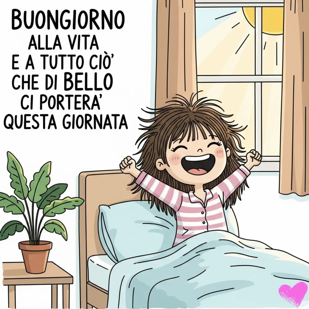 Un disegno animato di una ragazza allegra e arruffata con i capelli disordinati che si allungano e sorride ampiamente mentre è seduta sul letto in una stanza illuminata dal sole. La scritta "BUONGIORNO ALLA VITA E A TUTTO CIÒ CHE DI BELLO CI PORTERÀ QUESTA GIORNATA" è scritta in nero sul lato sinistro.