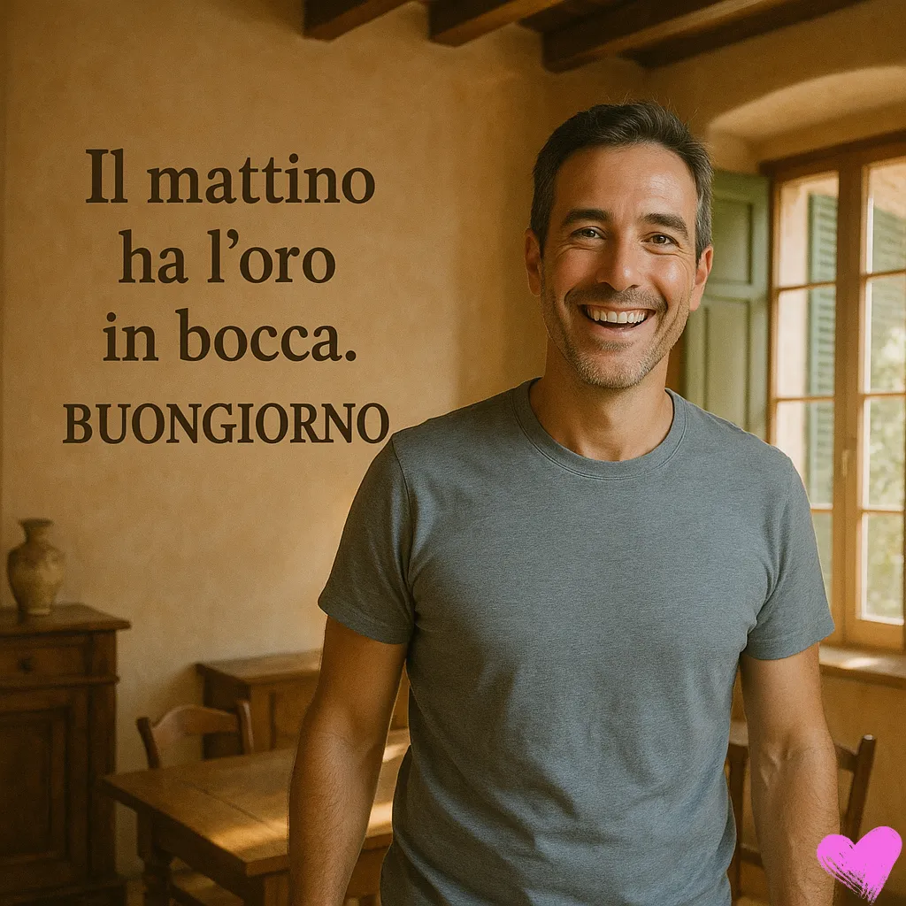 Un bell'uomo sorridente con i capelli grigi è in piedi in una stanza dall'aspetto rustico, con un tavolo e delle sedie sullo sfondo. Sull'immagine è scritto "Il mattino ha l'oro in bocca. BUONGIORNO".