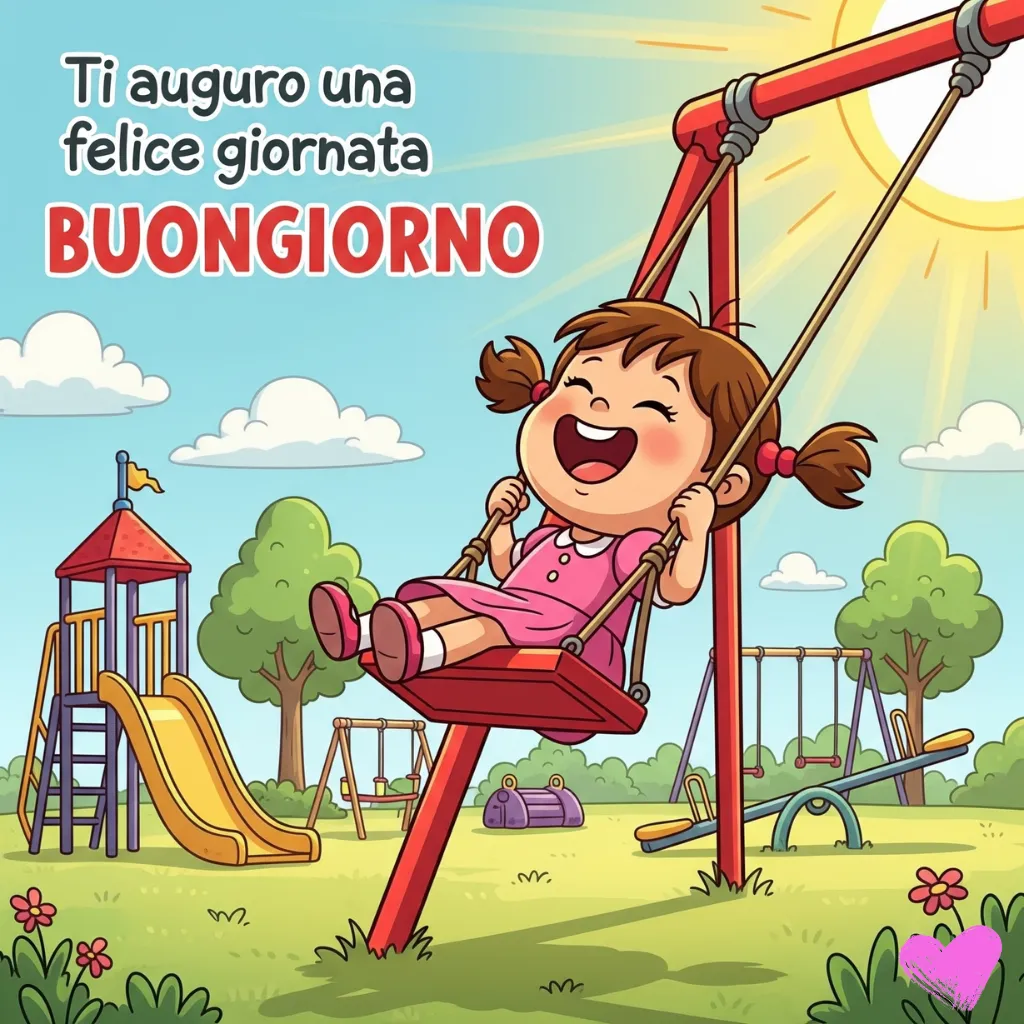 Un'illustrazione vivace e fumettistica di una bambina allegra con le trecce che si dondola su un'altalena rossa in un parco giochi soleggiato. Il testo "Ti auguro una felice giornata BUONGIORNO" è scritto sul lato sinistro dell'immagine.