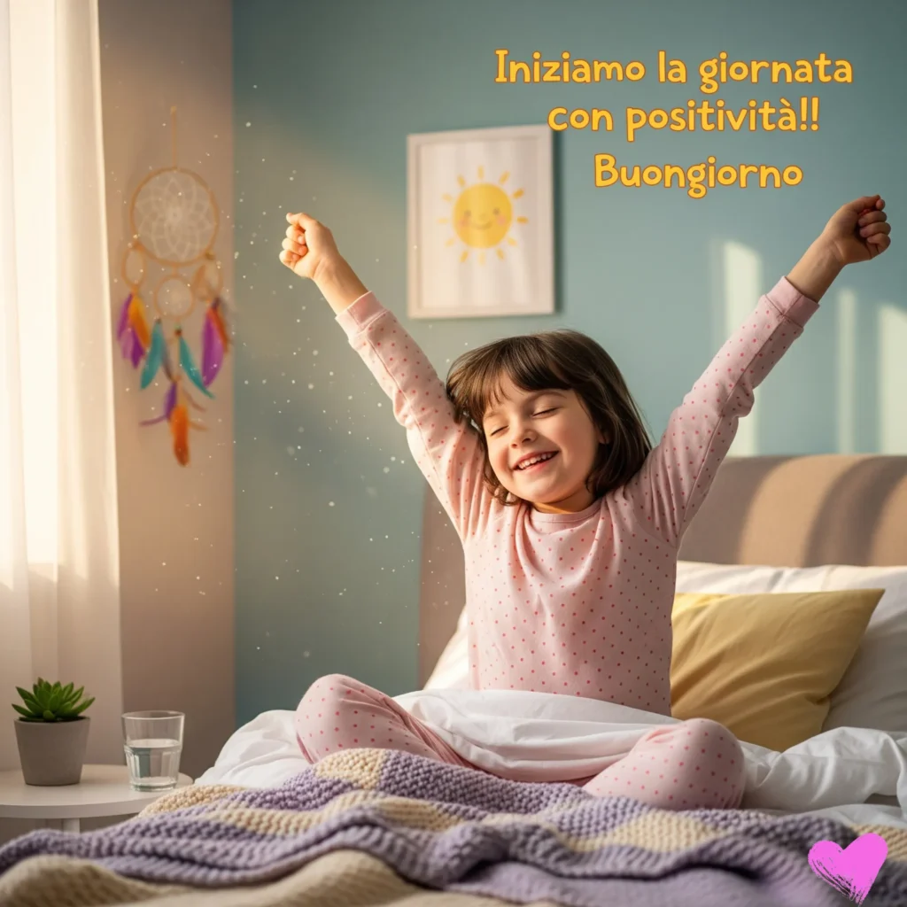 Una bambina felice, con gli occhi chiusi e le braccia tese, sorride seduta su un letto in una stanza luminosa e soleggiata. Un acchiappasogni è appeso alla parete dietro di lei. In alto a destra è scritto in giallo "Iniziamo la giornata con positività!! Buongiorno"