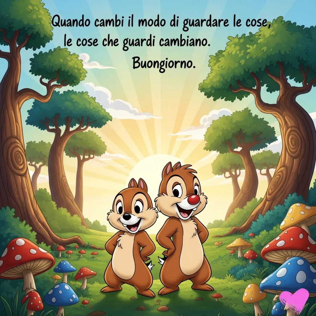 Un'illustrazione colorata dei personaggi Disney Cip e Ciop in una foresta all'alba. Il terreno è ricoperto da vari funghi colorati. Il testo "Quando cambi il modo di guardare le cose, le cose che guardi cambiano. Buongiorno." è scritto in bianco sull'immagine.