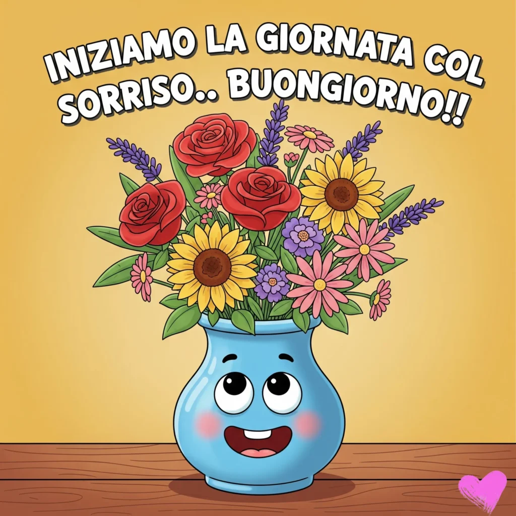 Un allegro vaso blu con un volto sorridente contiene un colorato bouquet di rose rosse, girasoli, lavanda e altri fiori su un tavolo di legno. È esposto il testo "INIZIAMO LA GIORNATA COL SORRISO... BUONGIORNO!!", con un simbolo a forma di cuore rosa in basso a destra.