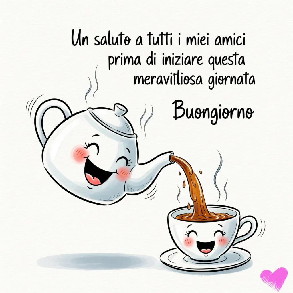 Un'illustrazione carina e disegnata a mano di una teiera sorridente che versa il caffè in una tazza di caffè sorridente. Sopra l'illustrazione è scritto il testo "Un saluto a tutti i miei amici prima di iniziare questa meravigliosa giornata. Buongiorno".