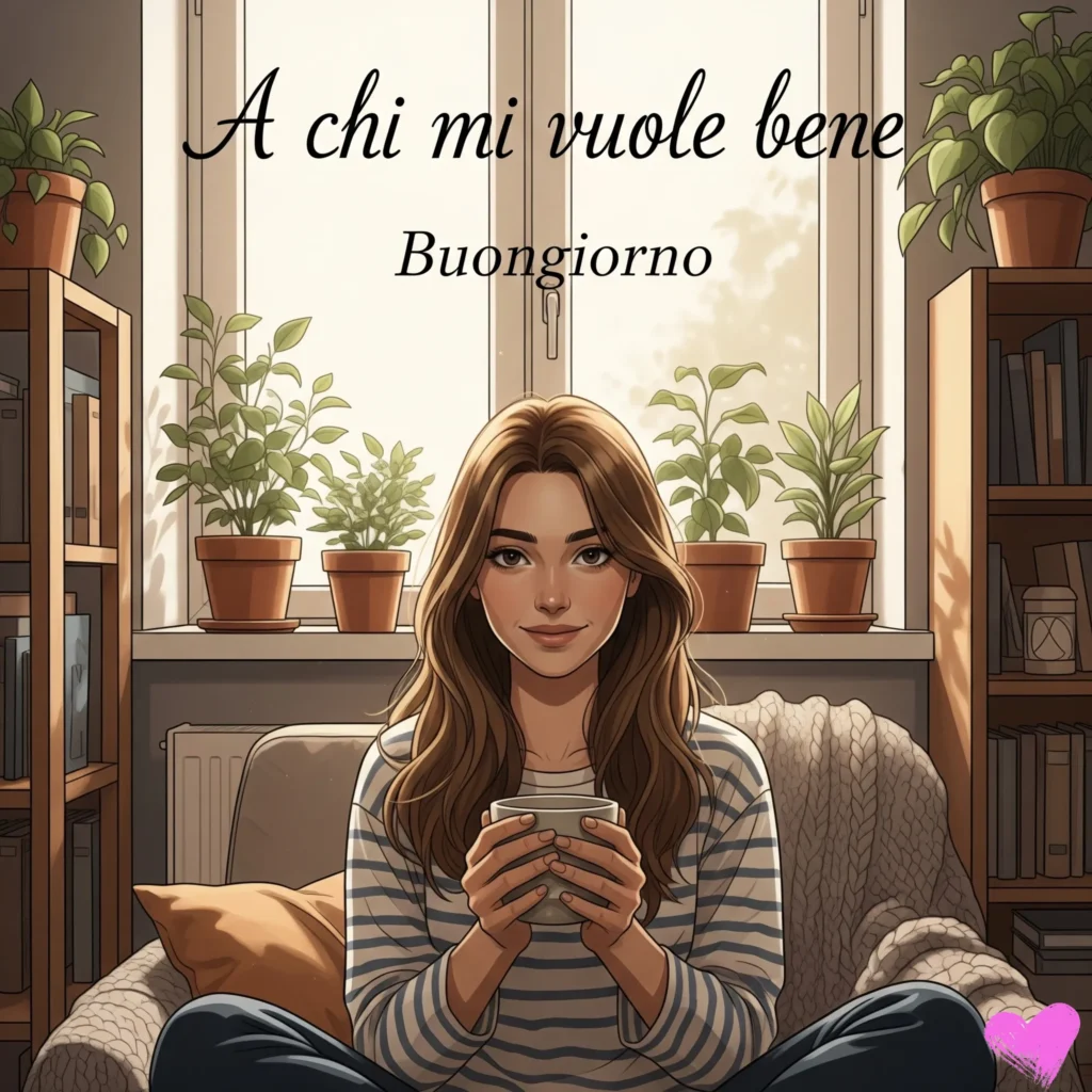 Una donna dai lunghi capelli castani è seduta comodamente su una sedia, con una tazza in mano e un sorriso rivolto alla fotocamera. L'ambientazione è una stanza accogliente e soleggiata, piena di piante da appartamento e librerie. In cima all'immagine è scritto "A chi mi vuole bene, Buongiorno".