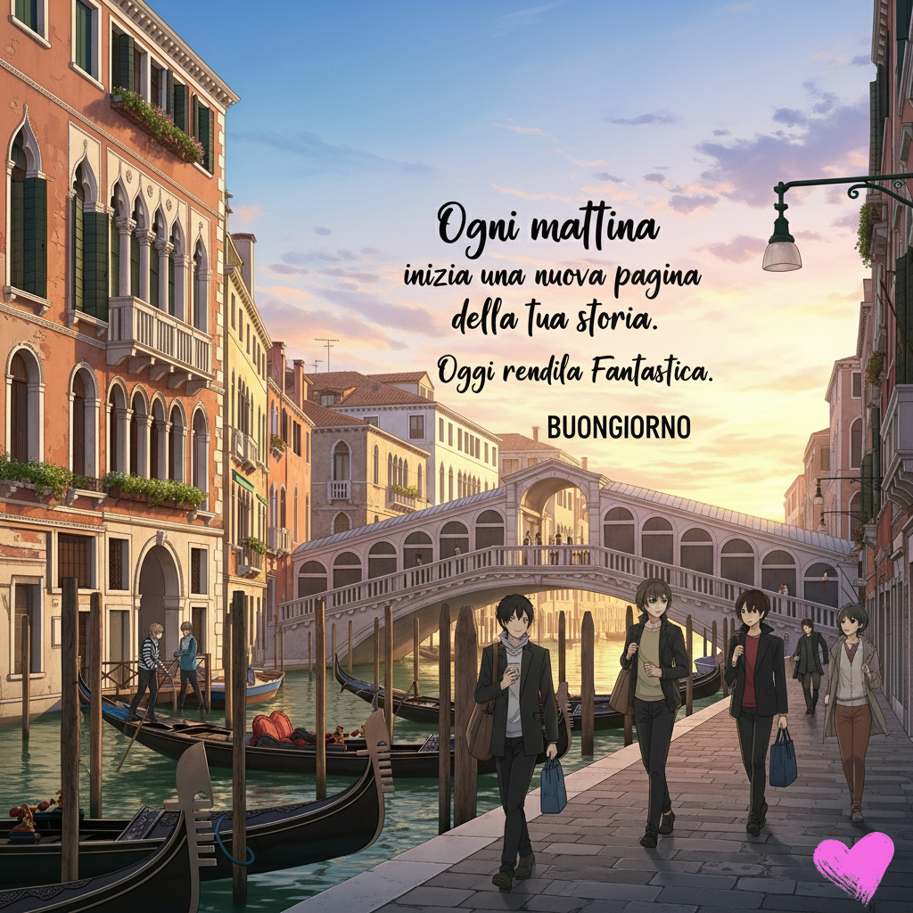 Illustrazione digitale di un canale veneziano con gondole, edifici storici e un ponte sullo sfondo all'alba. Diversi personaggi in stile anime camminano lungo il sentiero acciottolato. Il testo "Ogni mattina inizia una nuova pagina della tua storia. Oggi rendila fantastica. BUONGIORNO" è scritto in caratteri neri in alto a destra.