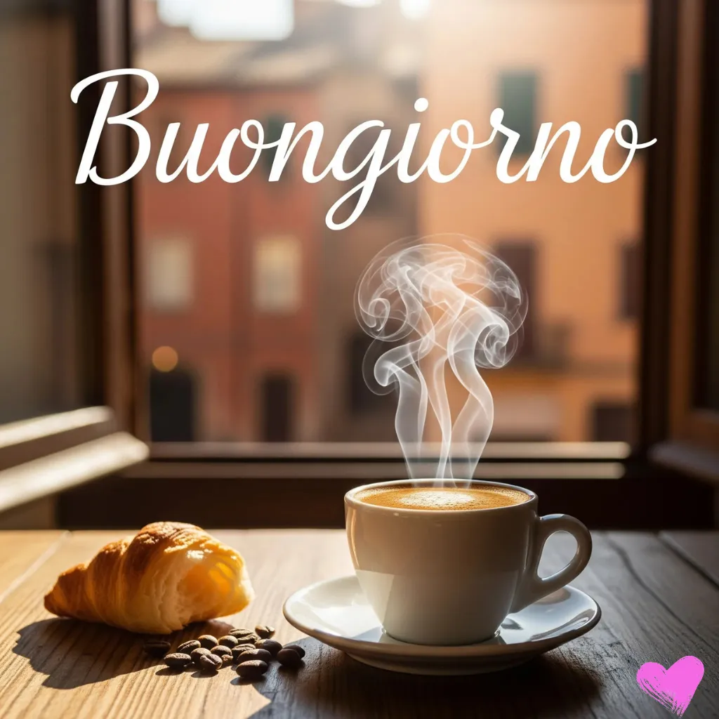 Una tazza di caffè fumante è appoggiata su un tavolo di legno, accanto a un croissant e a dei chicchi di caffè. La parola "Buongiorno" è scritta in un elegante corsivo sopra la tazza.