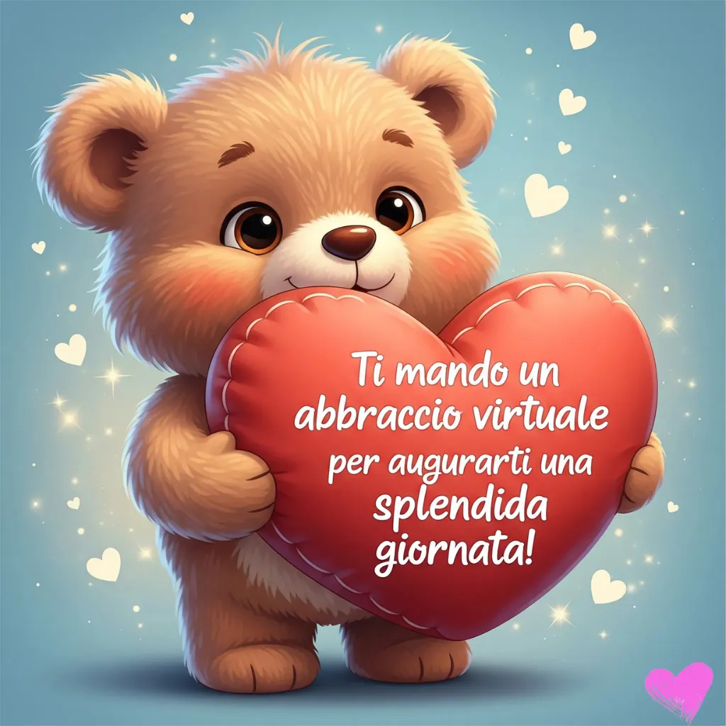Un tenero e soffice orsacchiotto regge un grande cuscino rosso a forma di cuore. Sul cuscino è scritta la frase italiana "Ti mando un abbraccio virtuale per augurarti una splendida giornata!".