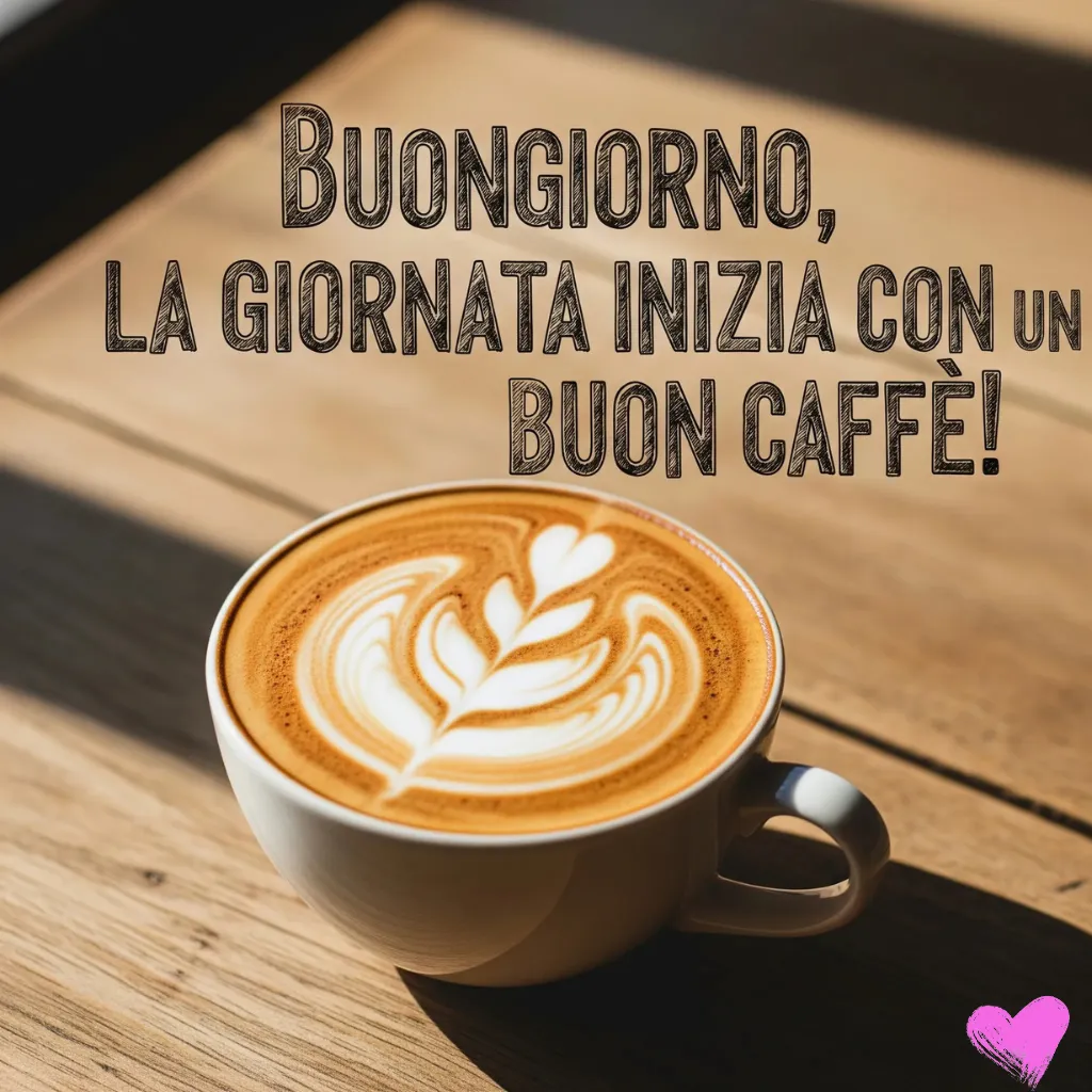 Una tazza di caffè con latte art su un tavolo di legno. Sopra l'immagine c'è una scritta che recita "Buongiorno, la giornata inizia con un buon caffè!".