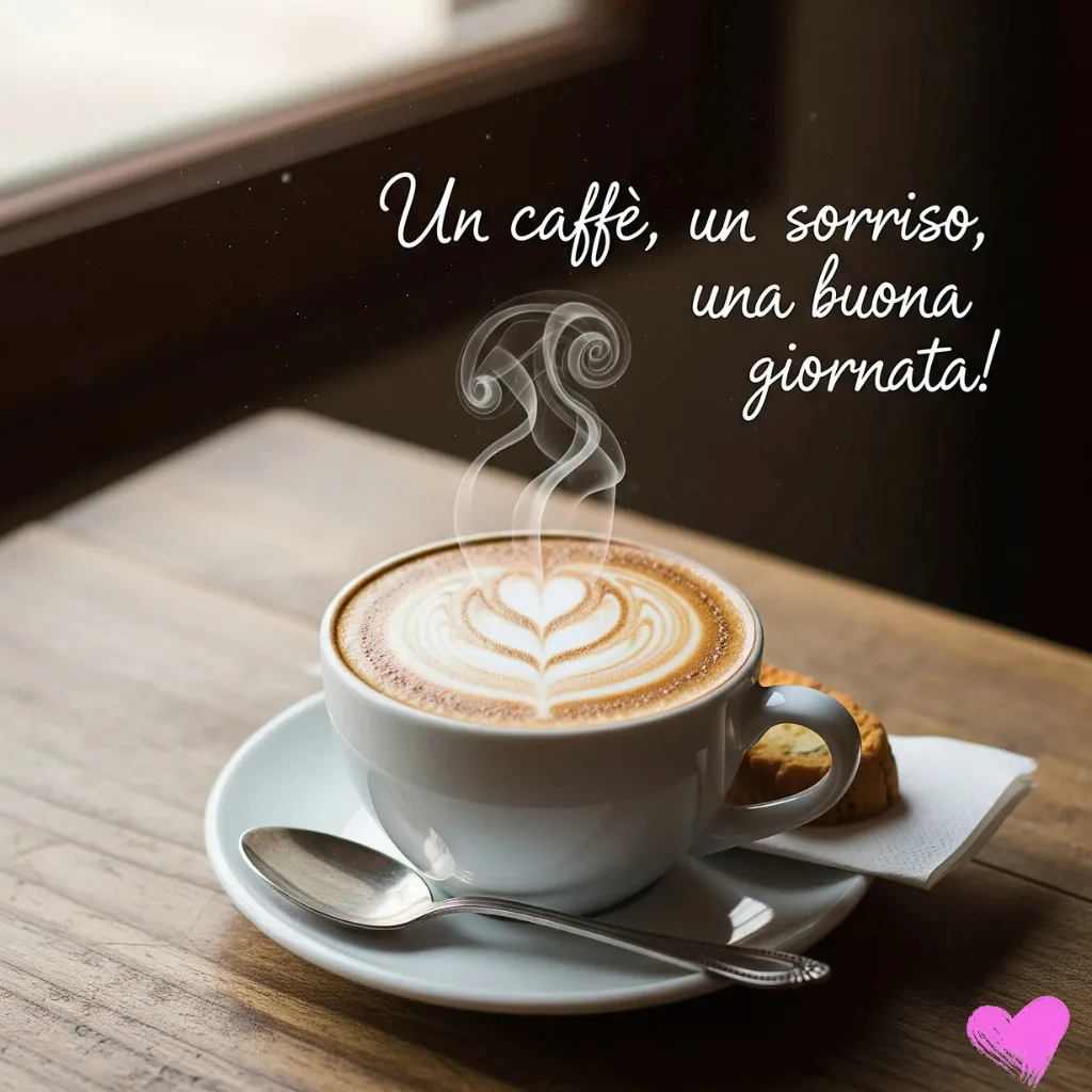 Primo piano di una tazza di caffè con un cuore decorato con latte art, appoggiata su un tavolo di legno con un cucchiaino e un biscotto. Sopra la tazza, la frase italiana "Un caffè, un sorriso, una buona giornata!" è scritta a mano.