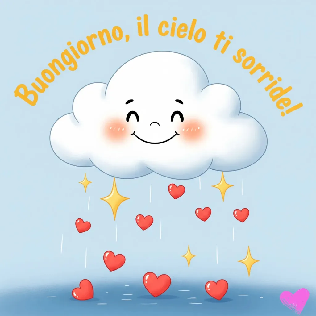 Una nuvola sorridente in stile cartoon "fa piovere" cuori rossi e stelle gialle. Sopra la nuvola, la frase italiana "Buongiorno, il cielo ti sorride!" è scritta in un allegro carattere arancione.