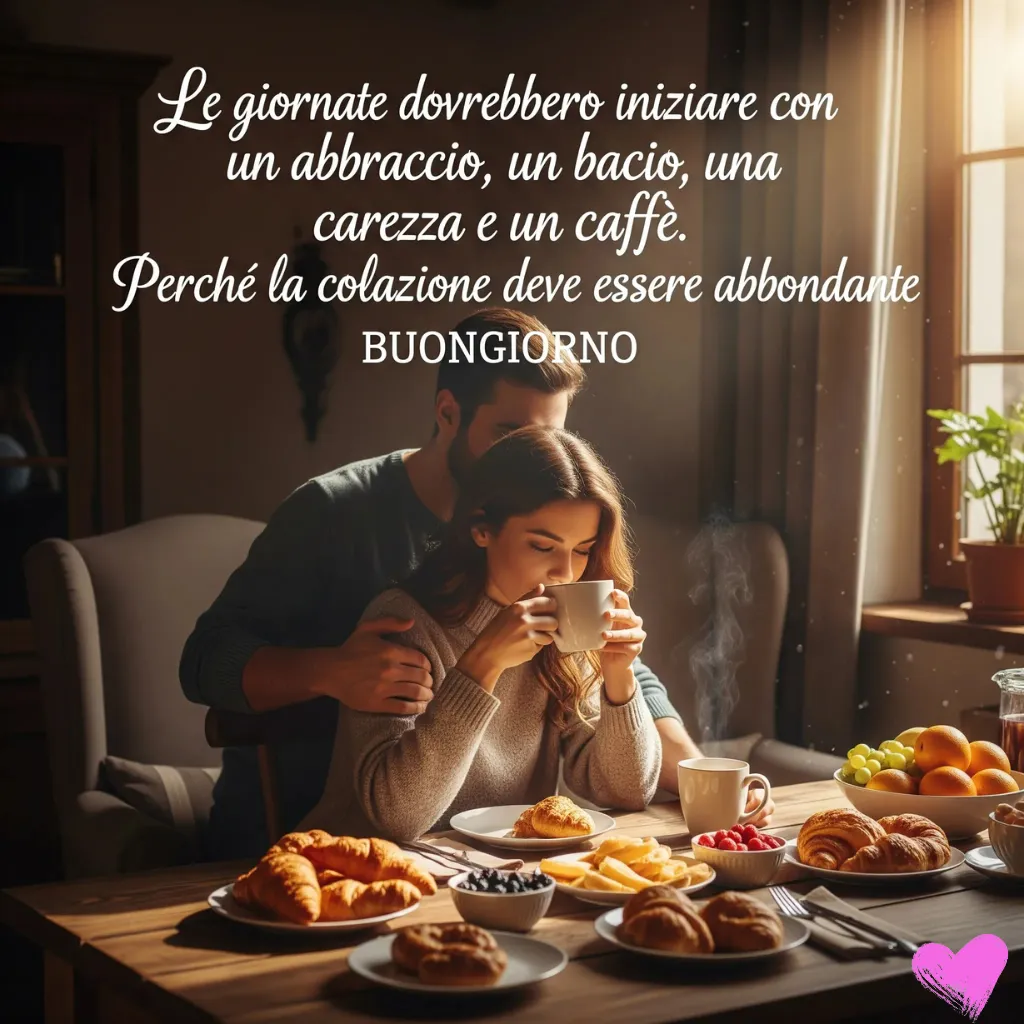 Una coppia sta facendo colazione davanti a un tavolo pieno di croissant, frutta e caffè. L'uomo abbraccia la donna da dietro mentre lei sorseggia da una tazza. Sopra di loro, il testo recita: "Le giornate dovrebbero iniziare con un abbraccio, un bacio, una carezza e un caffè. Perché la colazione deve essere abbondante. BUONGIORNO." (Le giornate dovrebbero iniziare con un abbraccio, un bacio, una coccola e un caffè. Perché la colazione deve essere abbondante. BUONGIORNO.)