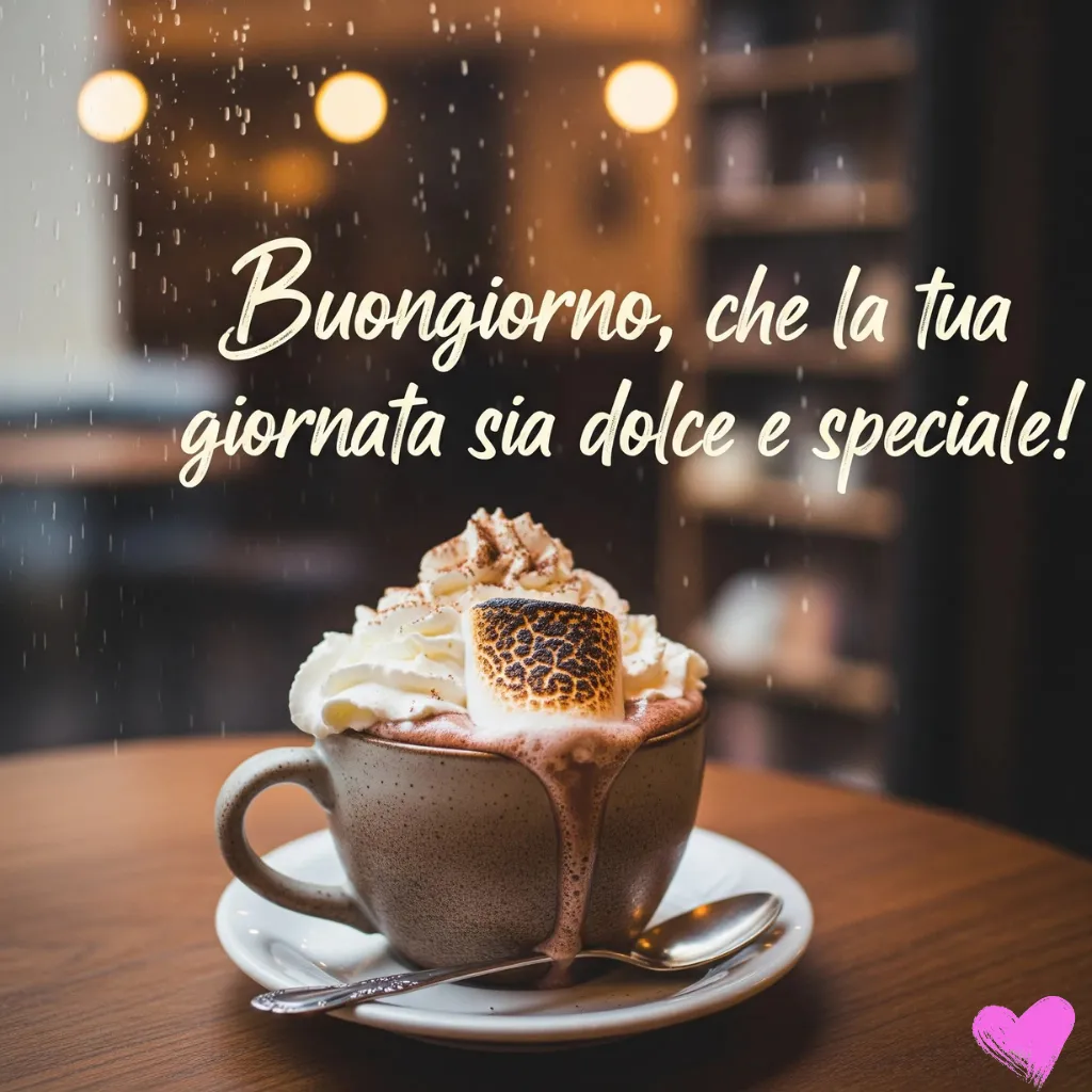 Un primo piano di una tazza di cioccolata calda guarnita con panna montata e un marshmallow tostato, che si sta sciogliendo lungo il bordo della tazza. La frase italiana "Buongiorno, che la tua giornata sia dolce e speciale!" è scritta in corsivo bianco nella parte superiore dell'immagine.
