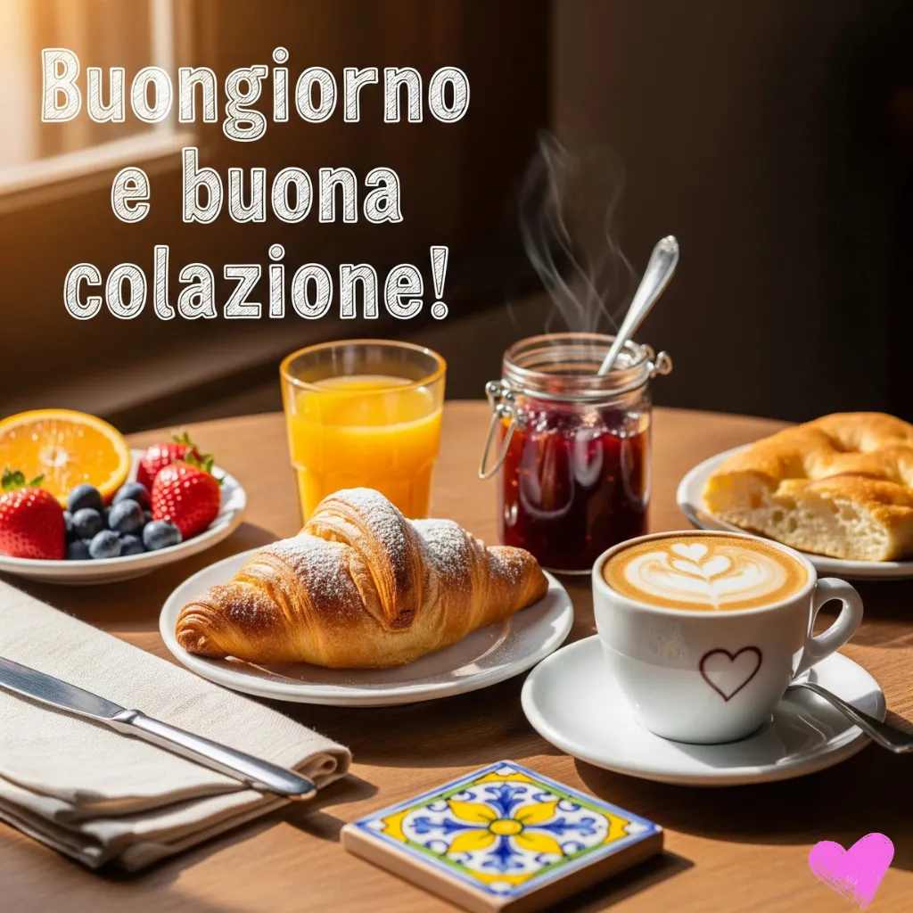 An overhead shot of a breakfast spread on a wooden table, including a croissant, coffee with a heart-shaped latte art, fruit, orange juice, and jam. The words "Buongiorno e buona colazione!" (Good morning and good breakfast!) are written at the top.