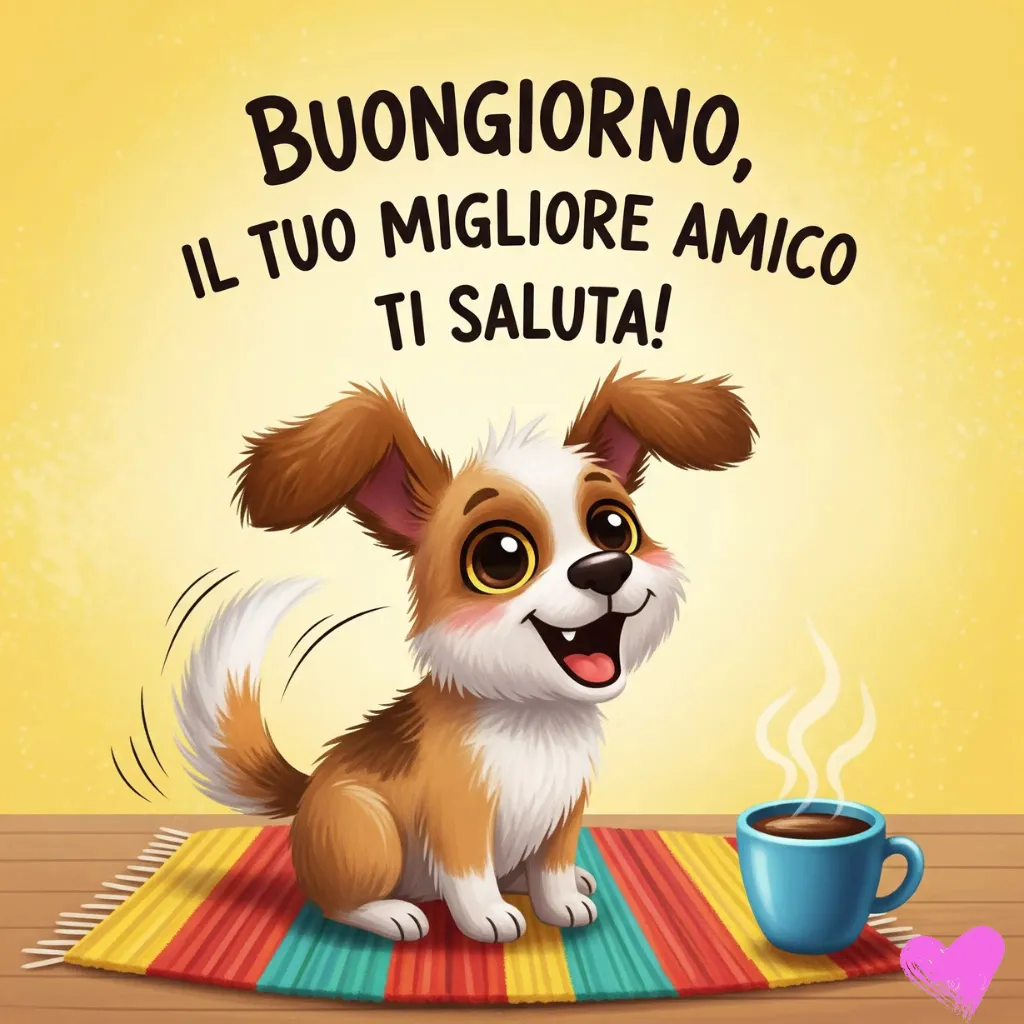 Una ripresa dall'alto di una colazione servita su un tavolo di legno, con croissant, caffè con latte art a forma di cuore, frutta, succo d'arancia e marmellata. In alto sono scritte le parole "Buongiorno e buona colazione!". Un cucciolo di cartone animato con le orecchie cadenti e la coda scodinzolante è seduto su un tappeto a righe accanto a una piccola tazza blu da cui esce del vapore. In alto sono scritte le parole "BUONGIORNO, IL TUO MIGLIORE AMICO TI SALUTA!".