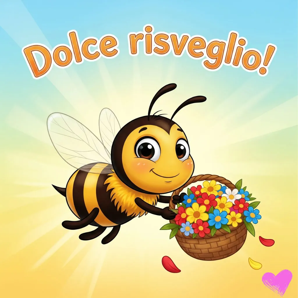 Un'ape cartoon con un'espressione felice vola trasportando un cesto intrecciato pieno di fiori multicolori. La frase italiana "Dolce risveglio!" è scritta in alto all'immagine.