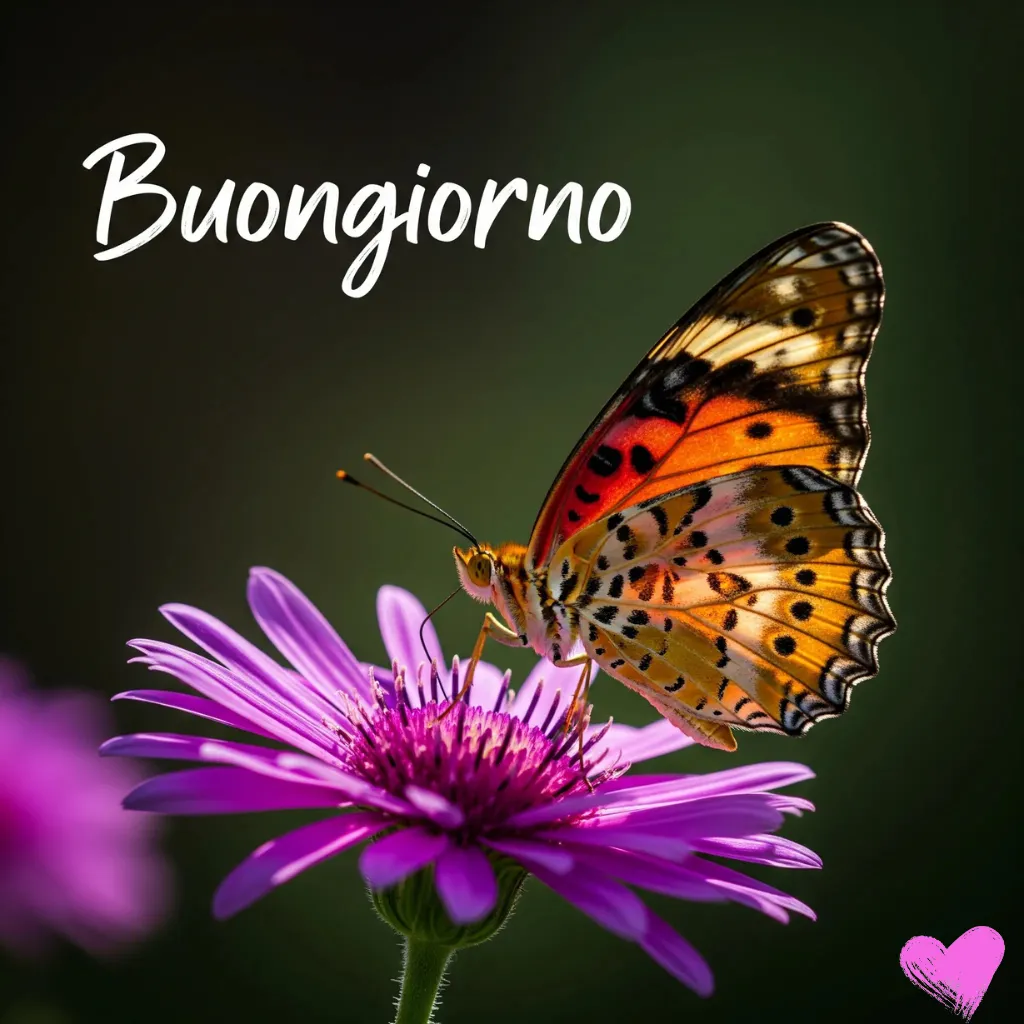 Una farfalla multicolore con macchie arancioni, nere e bianche è posata su un fiore viola simile a una margherita. La parola "Buongiorno" è scritta in alto in un elegante carattere corsivo bianco.