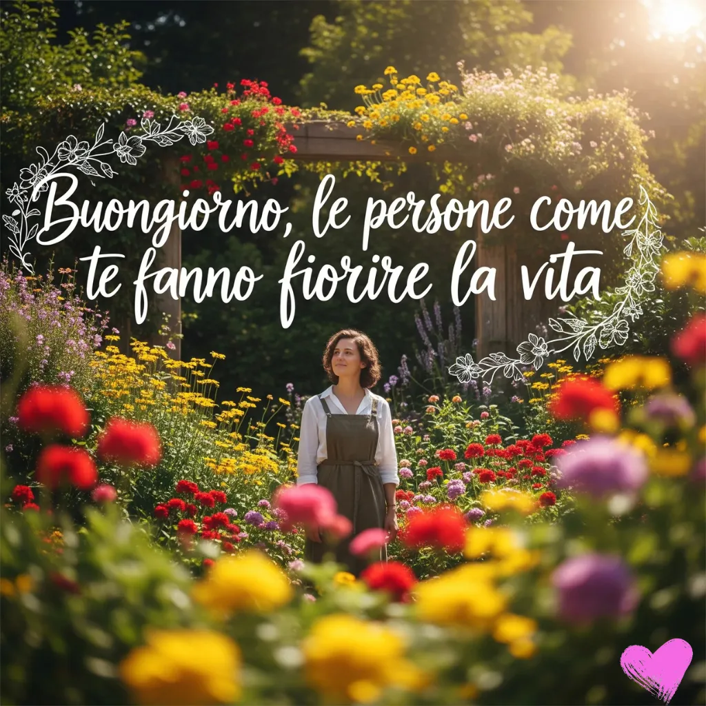 Una persona è in piedi in un giardino rigoglioso di fiori rossi, gialli, rosa e viola. Una bordura floreale incornicia la frase italiana "Buongiorno, le persone come te fanno fiorire la vita".