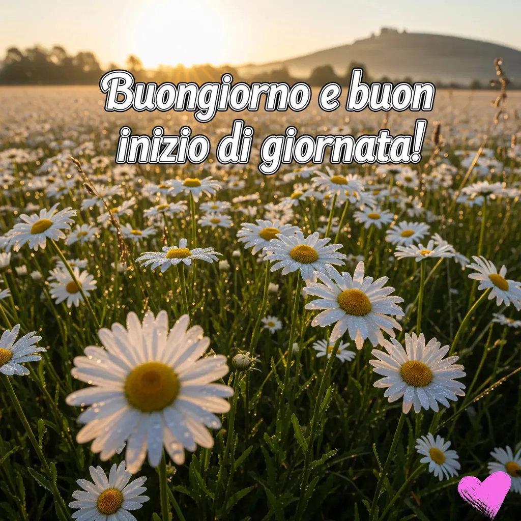 Un campo di margherite bianche con una montagna sullo sfondo è raffigurato all'alba, con la rugiada sui fiori. La frase italiana "Buongiorno e buon inizio di giornata!" è scritta in grassetto bianco in alto.