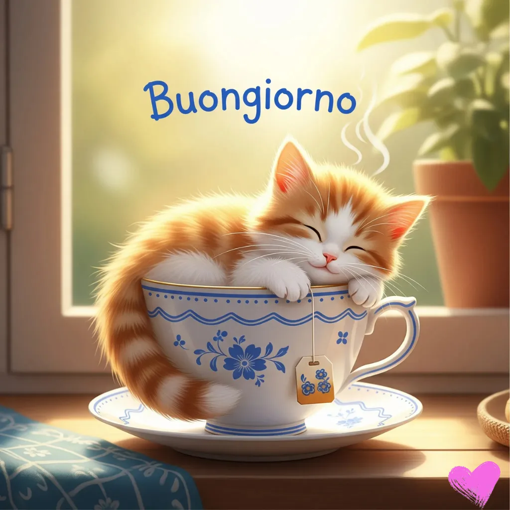 Un piccolo gattino arancione e bianco è rannicchiato e dorme dentro una tazza da tè bianca con disegni blu. La parola italiana "Buongiorno" è scritta in blu in cima.