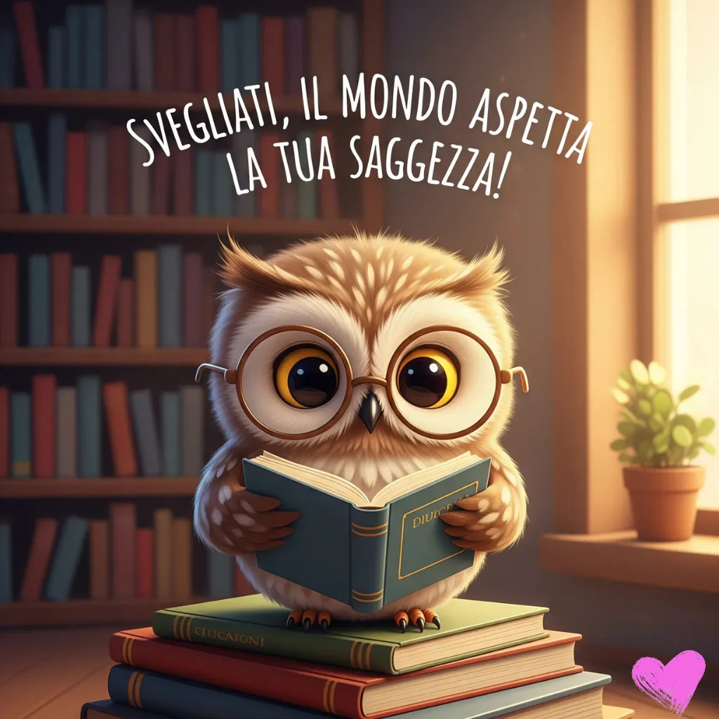 Un soffice gufo in stile cartoon con grandi occhiali è in piedi su una pila di libri e tiene un libro aperto tra le ali. In cima è scritta la frase italiana "SVEGLIATI, IL MONDO ASPETTA LA TUA SAGGEZZA!".