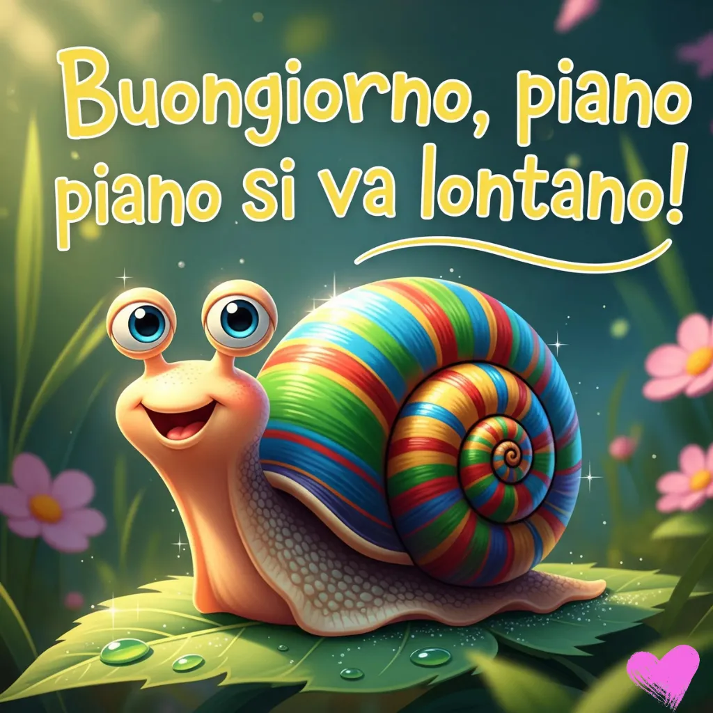 Una lumaca dei cartoni animati con un guscio color arcobaleno e occhi spalancati sorride seduta su una foglia verde. In alto, in un carattere giallo, è scritta la frase italiana "Buongiorno, piano piano si va lontano!".