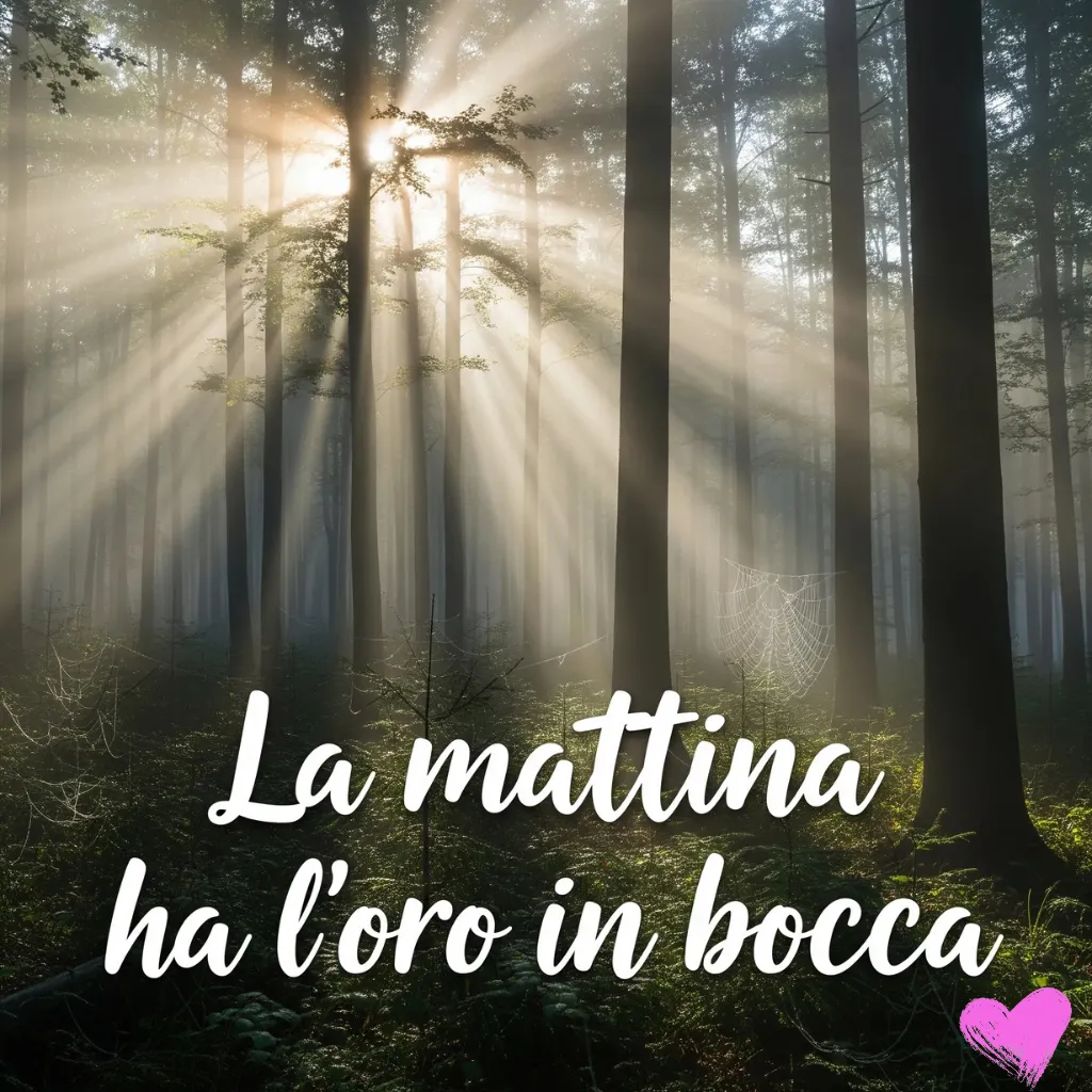 Una foresta nebbiosa all'alba, con i raggi del sole che filtrano attraverso gli alberi alti. Una ragnatela è visibile in basso a destra. La frase italiana "La mattina ha l'oro in bocca" è scritta in basso in un carattere corsivo bianco.